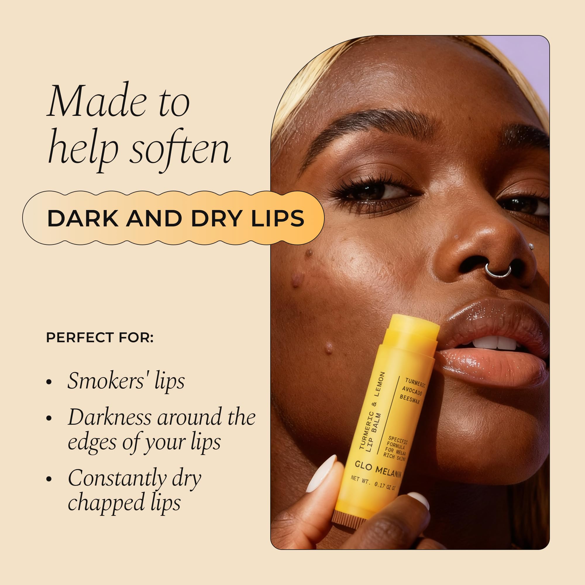 Glo Melanin lip balm daily application; nourishes lips with lemon oil and antioxidants