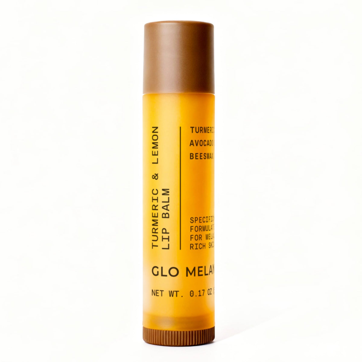 Glo Melanin lemon-turmeric lip balm tube; natural brightening and smooth lips on the go