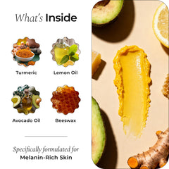 Glo Melanin turmeric exfoliation action; removes dead skin for healthier lip look