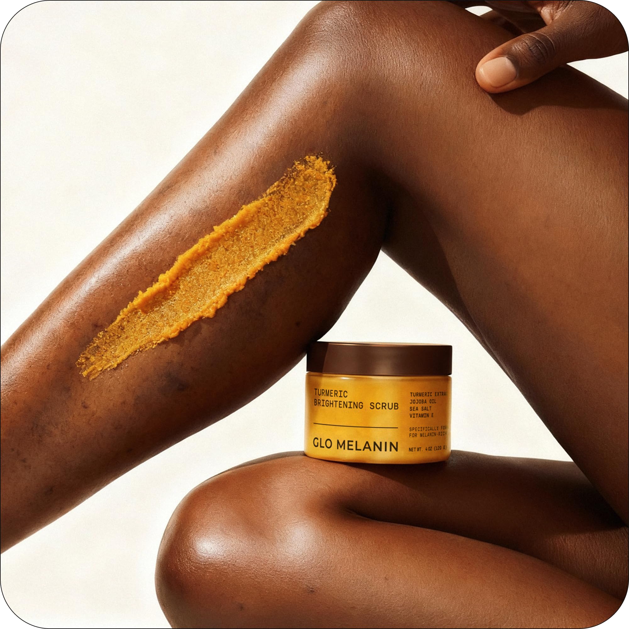 Glo Melanin Turmeric Scrub ingredients sea salt nourish the skin.
