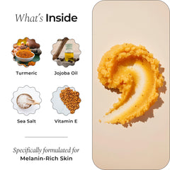 Glo Melanin Turmeric Scrub on skin during application exfoliates for even tone.