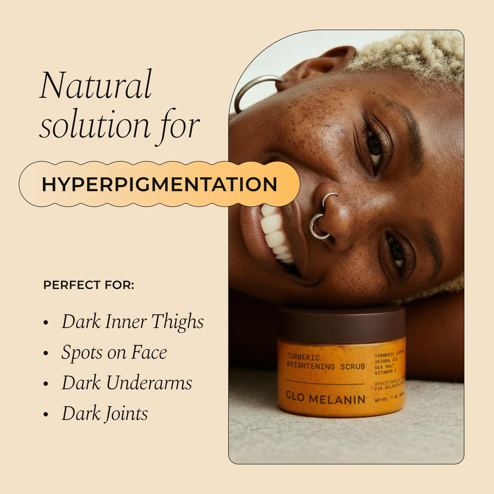 Glo Melanin Turmeric Scrub texture close-up highlights natural exfoliation.