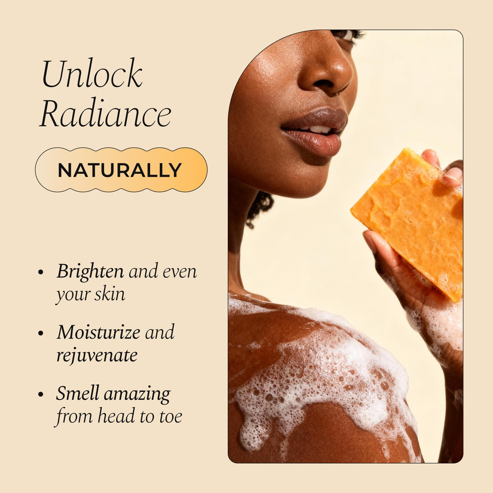 Glo Melanin turmeric soap bar used on the body for cleansing