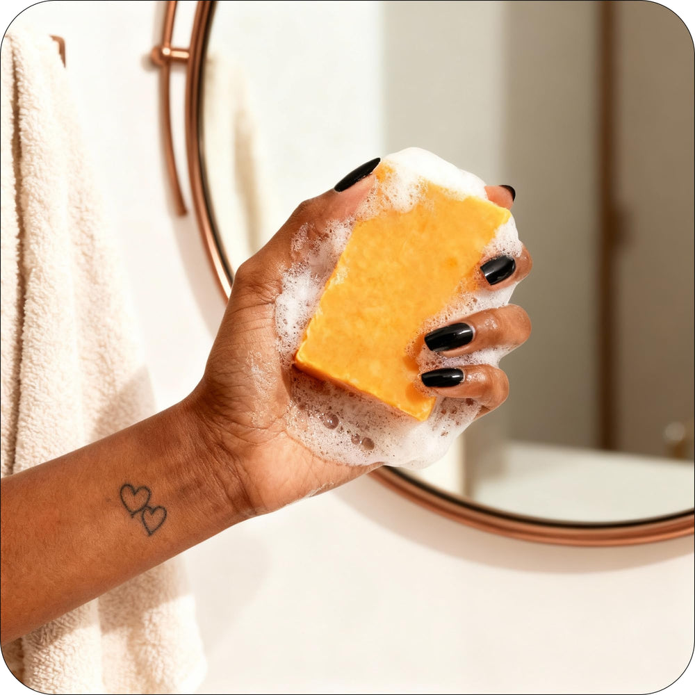 Before and after visual concept for dark spots with Glo Melanin soap