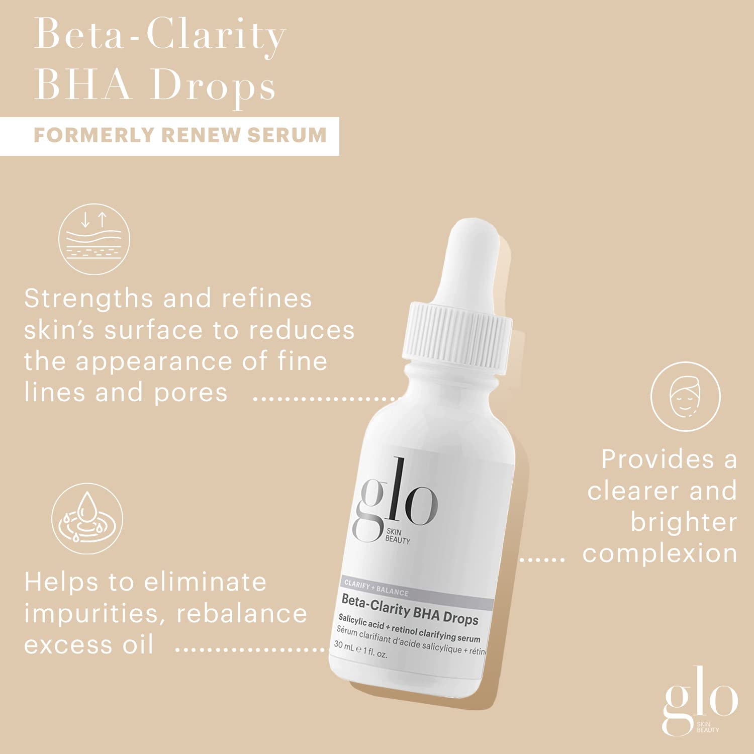 Glo Skin Beauty Beta-Clarity Drops serum swirl for smooth texture.