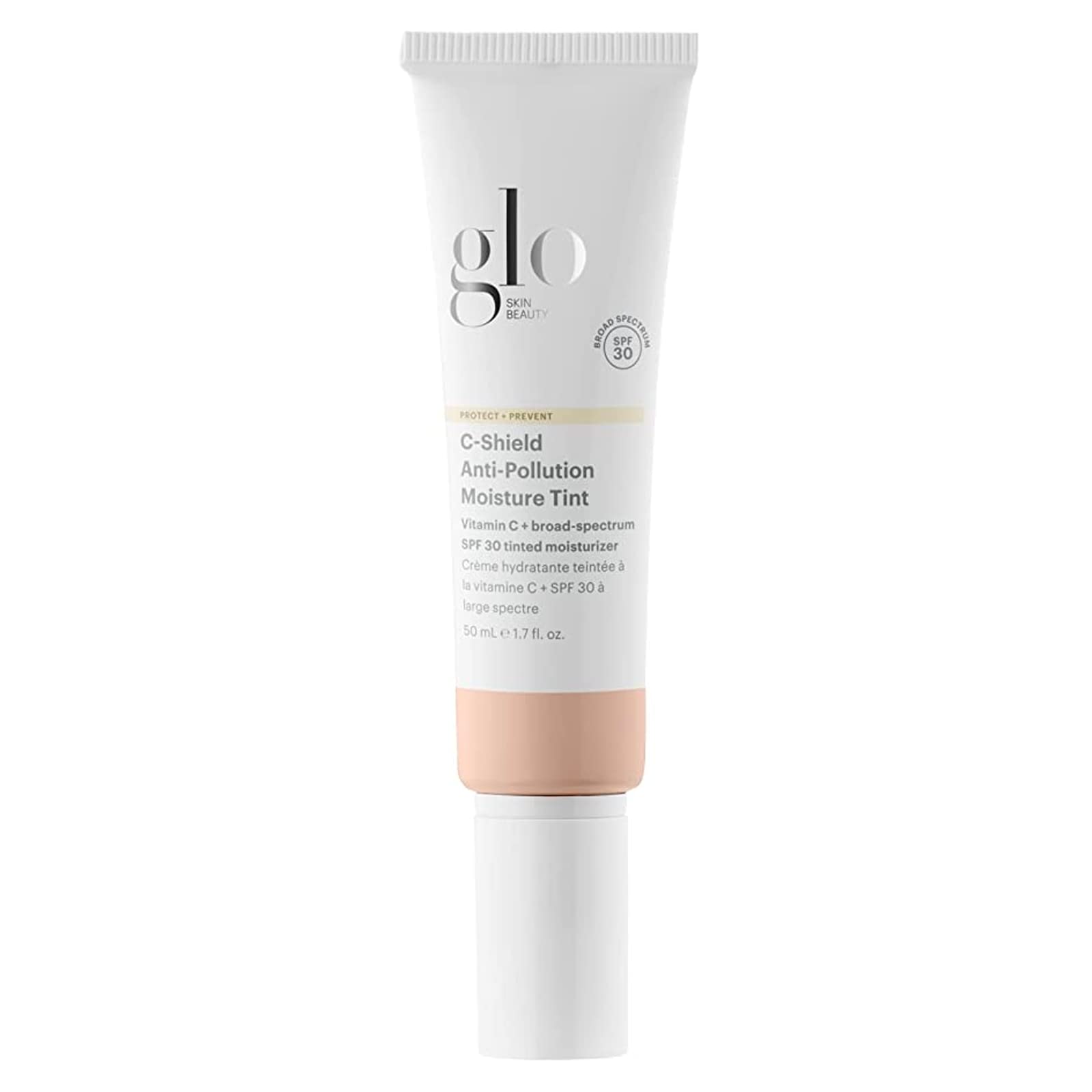 Glo Skin Beauty C-Shield Moisture Tint bottle shows lightweight, breathable coverage for daily wear.