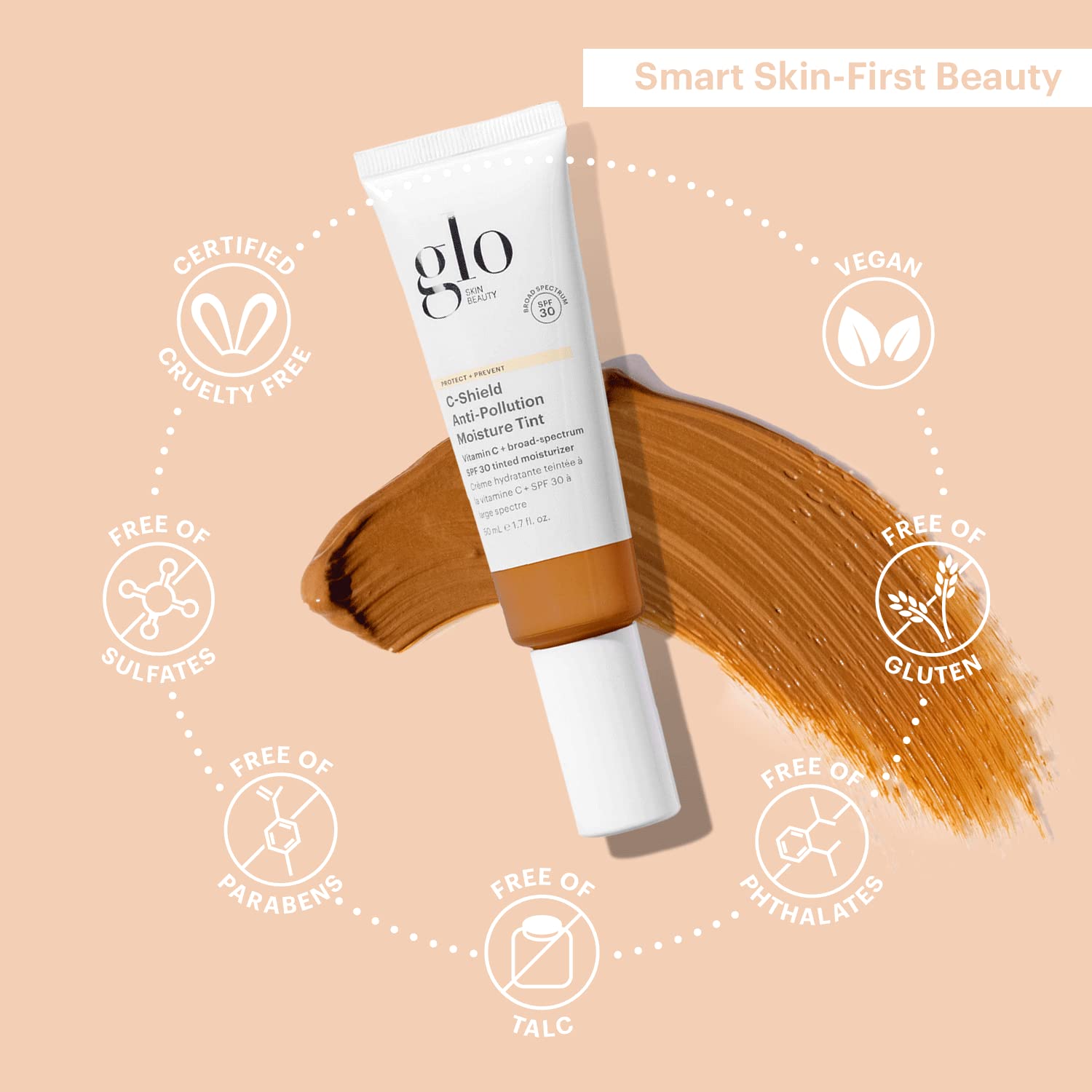 Glo Skin Beauty C-Shield Moisture Tint minerals emphasize reef-safe formula usage.