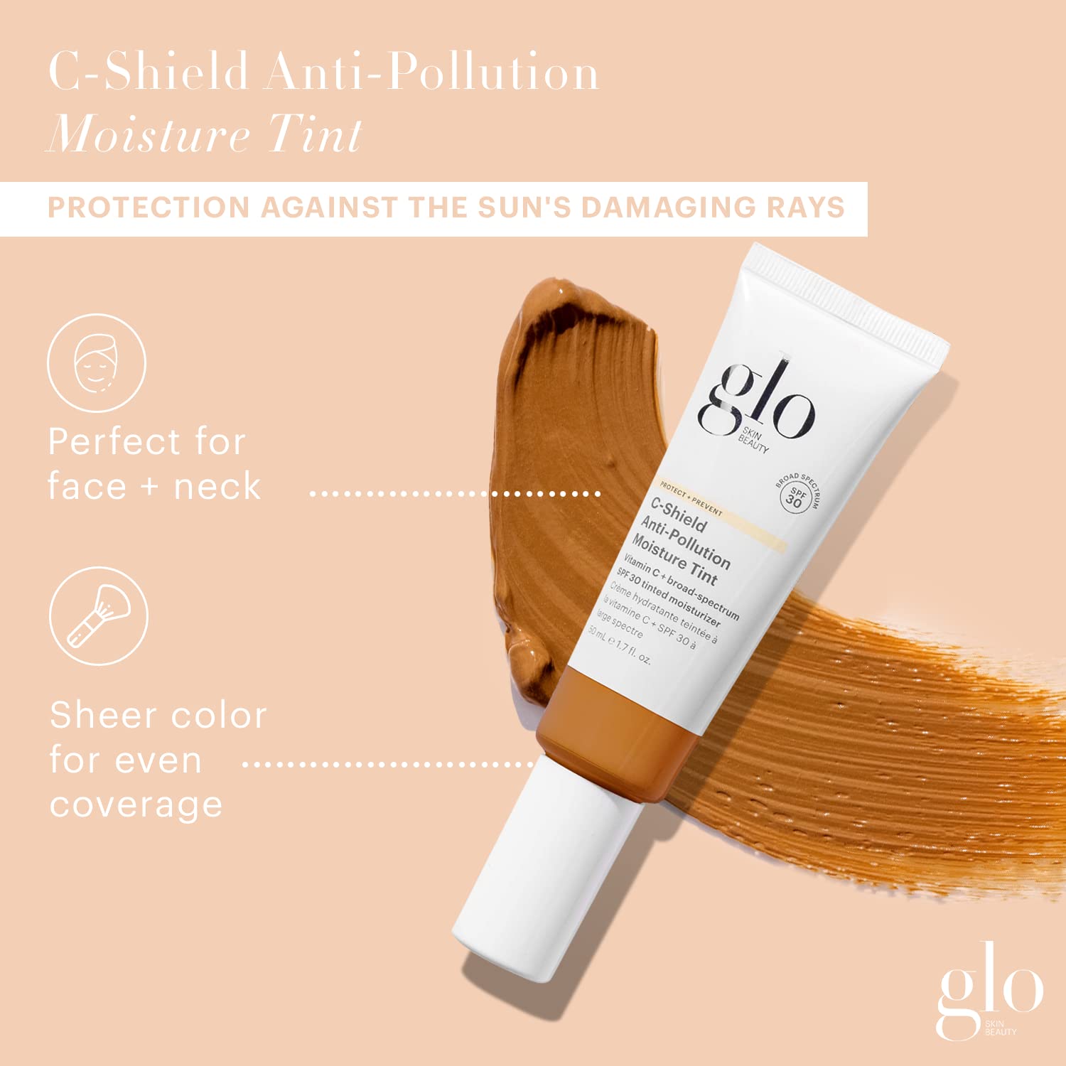 Glo Skin Beauty C-Shield Moisture Tint SPF 30 label highlights broad spectrum protection.