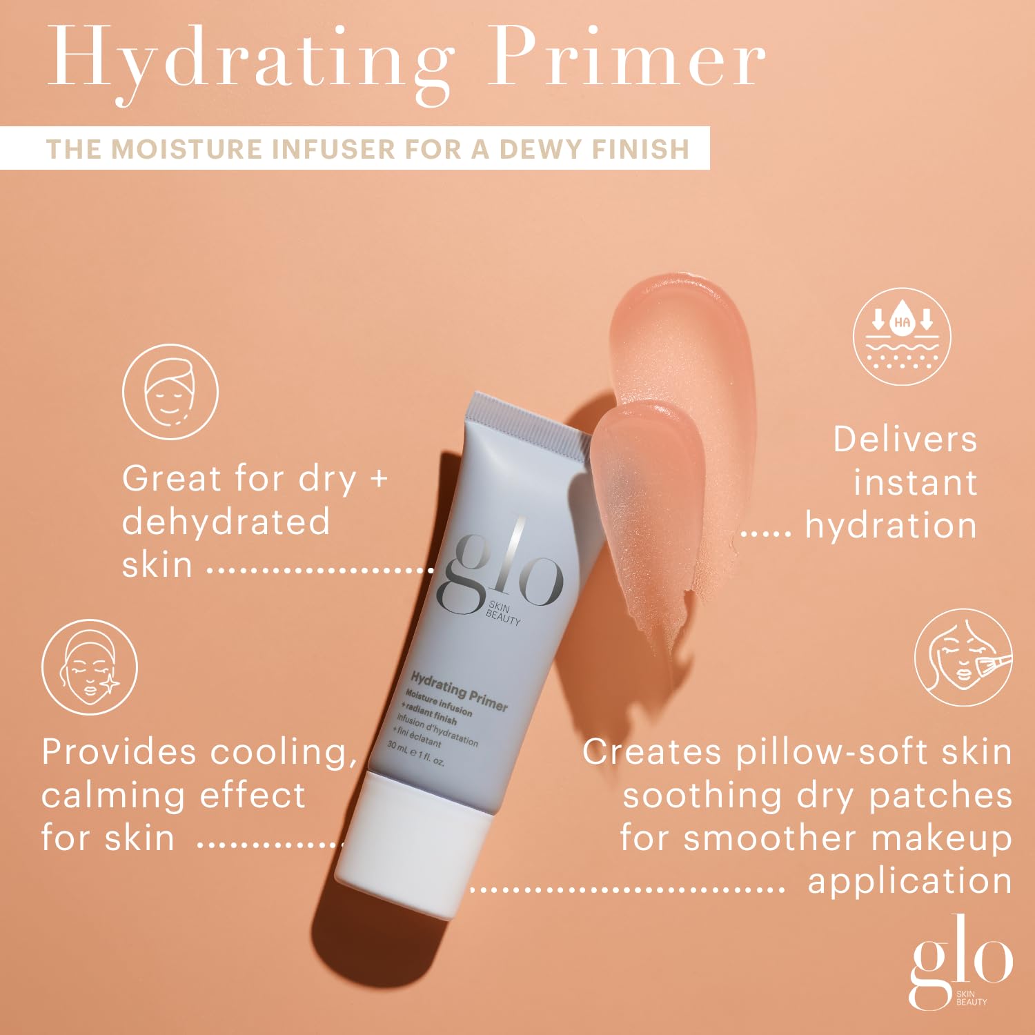 Glo Skin Beauty Hydrating Primer texture close-up shows silky cooling formula