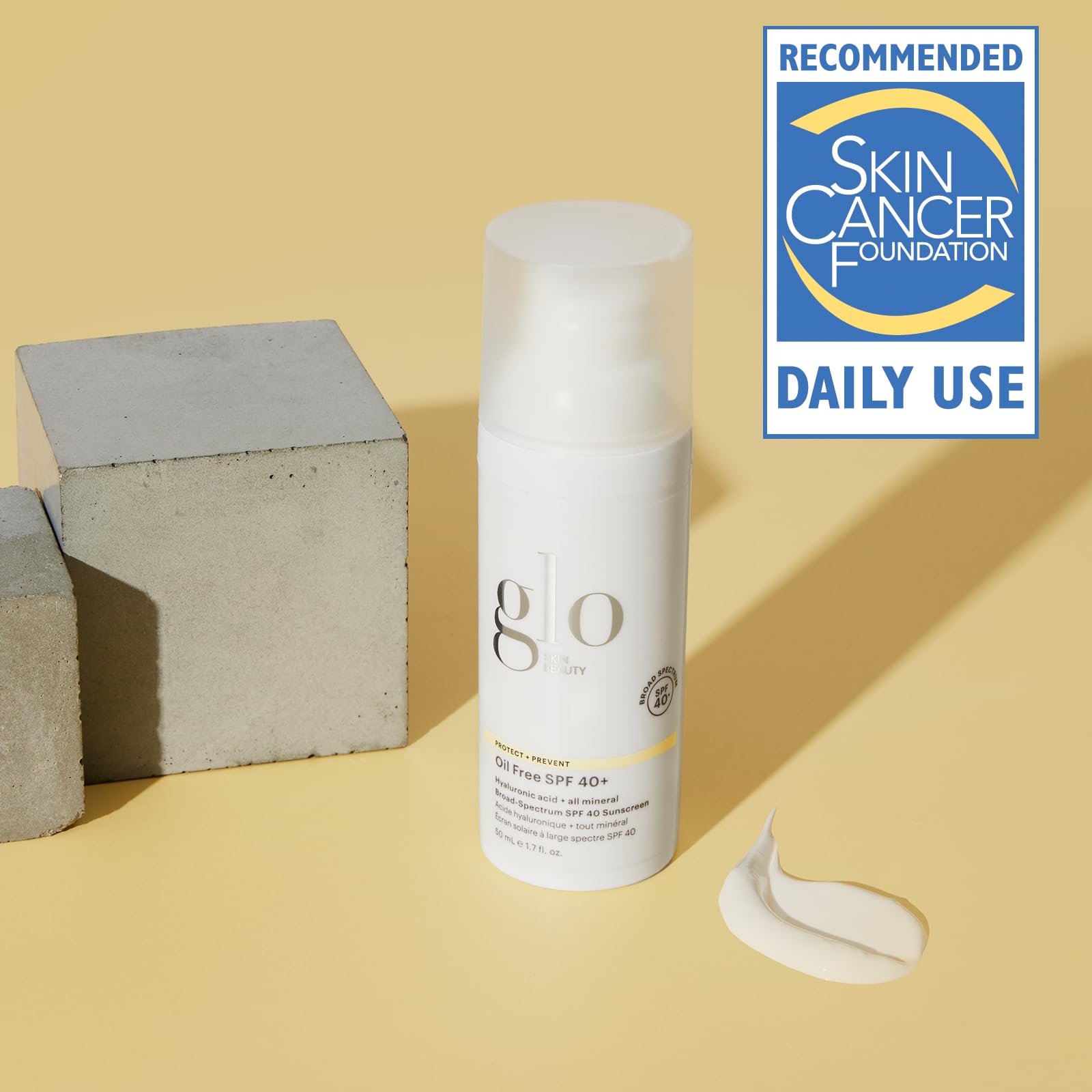 Glo Skin Beauty SPF 40+ mineral sunscreen packaging highlights clean oil-free formula