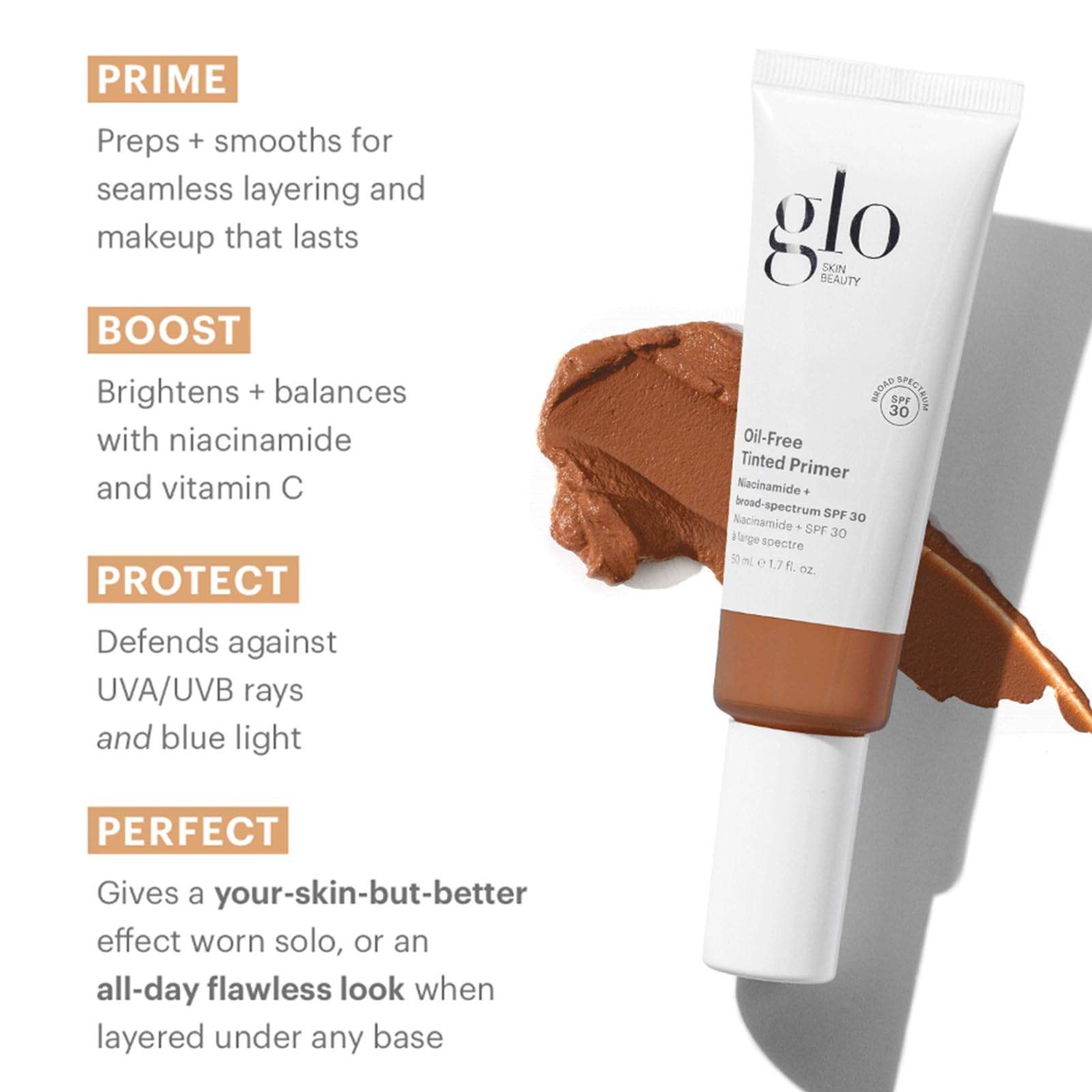 Glo Skin Beauty oil-free tinted primer deep shade swatch reveals even complexion