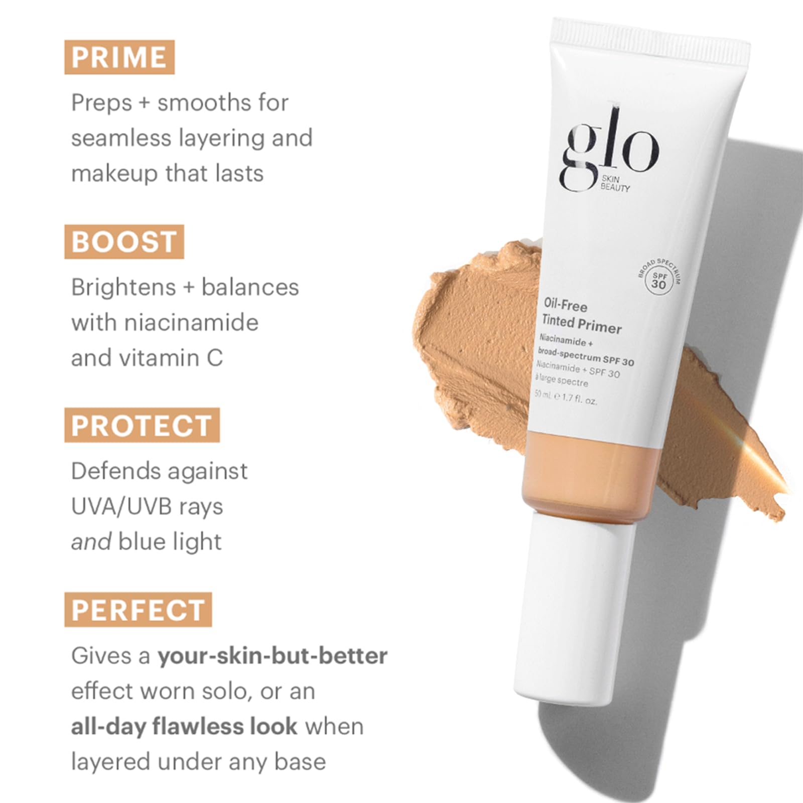 Glo Skin Beauty primer on skin demonstrates even tone and natural glow