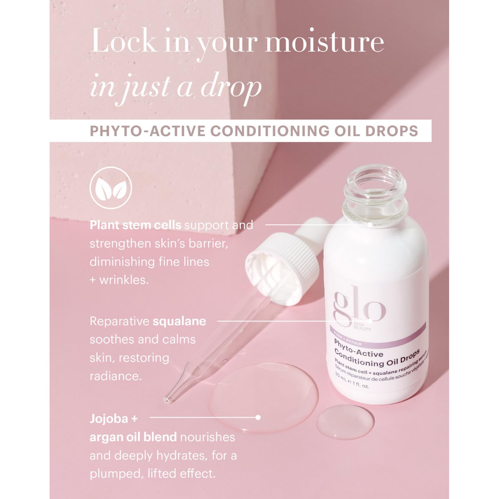 Glo Skin Beauty Phyto-Active Conditioning Oil Drops dropper-cap close-up shows quick absorption.