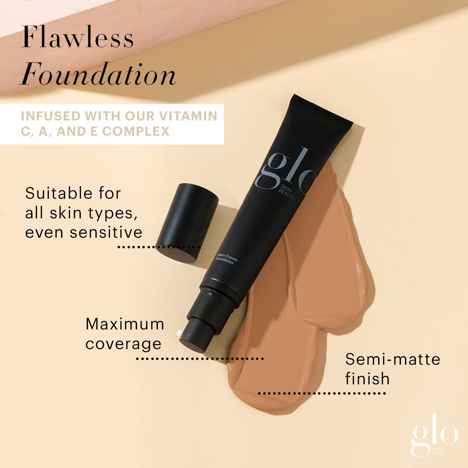 Glo Satin Cream Foundation swatch on skin shows even tone and buildable coverage.
