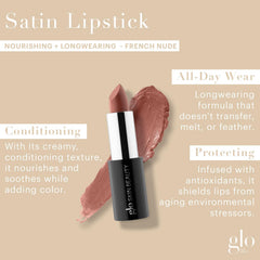 Glo Skin Beauty Satin Lipstick French Nude on lips with creamy glide