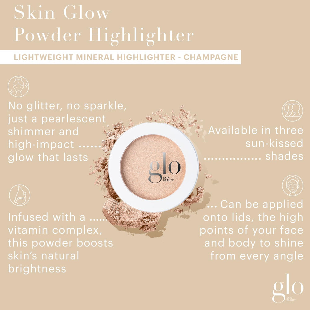 Glo Skin Beauty Skin Glow Powder Highlighter Champagne swatch on cheekbone for natural glow.