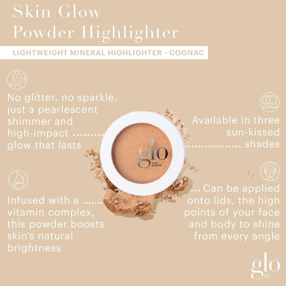 Glo Skin Beauty Skin Glow Powder Highlighter Cognac swatch reveals bronze-pearlescent finish.