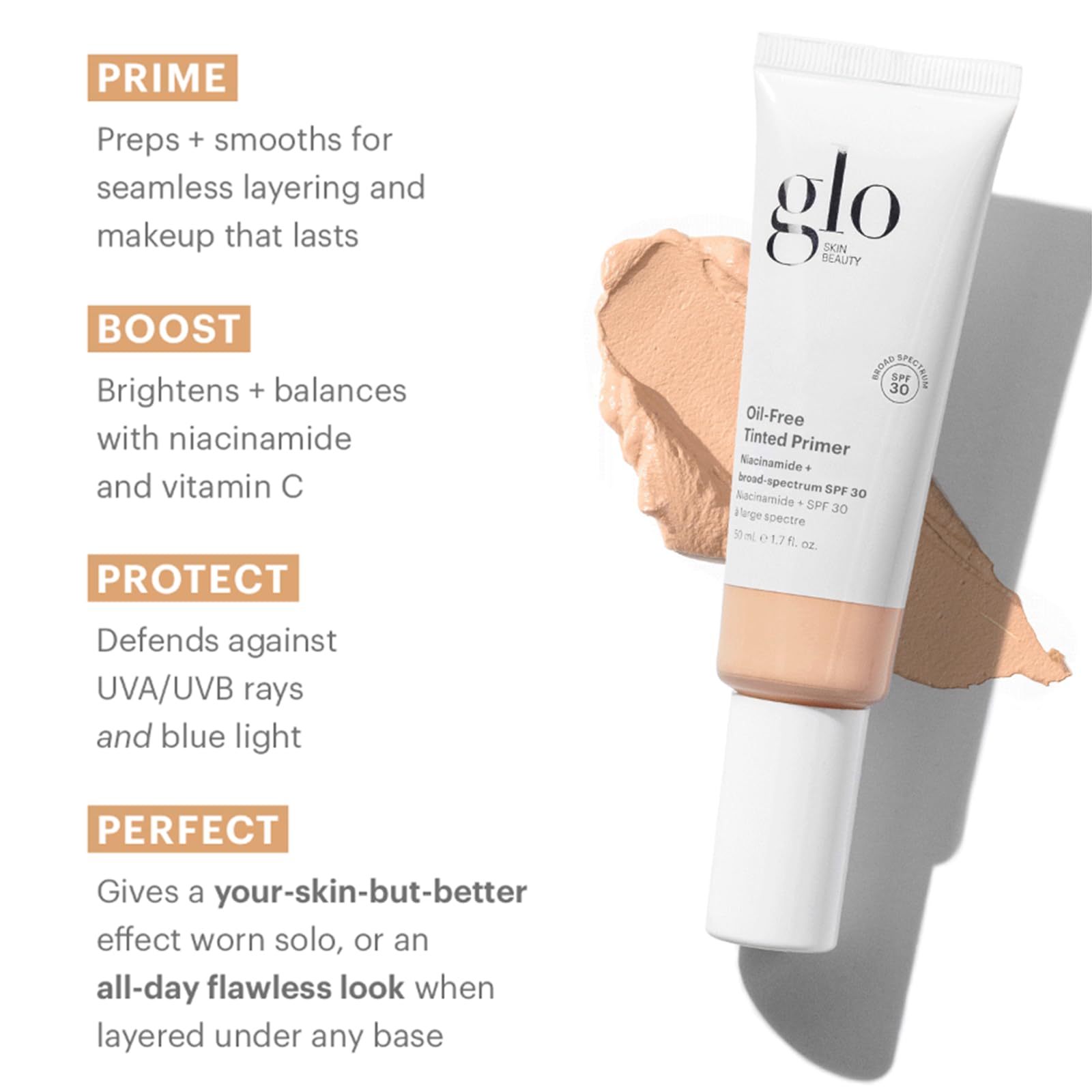 Glo Skin Beauty oil-free primer swatch on skin showing even tone and glow