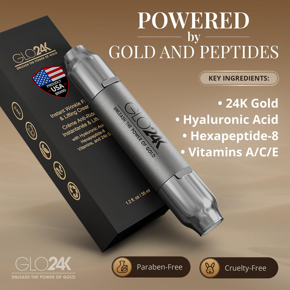 GLO24K 24k gold peptide blend symbolizing premium anti-aging formula