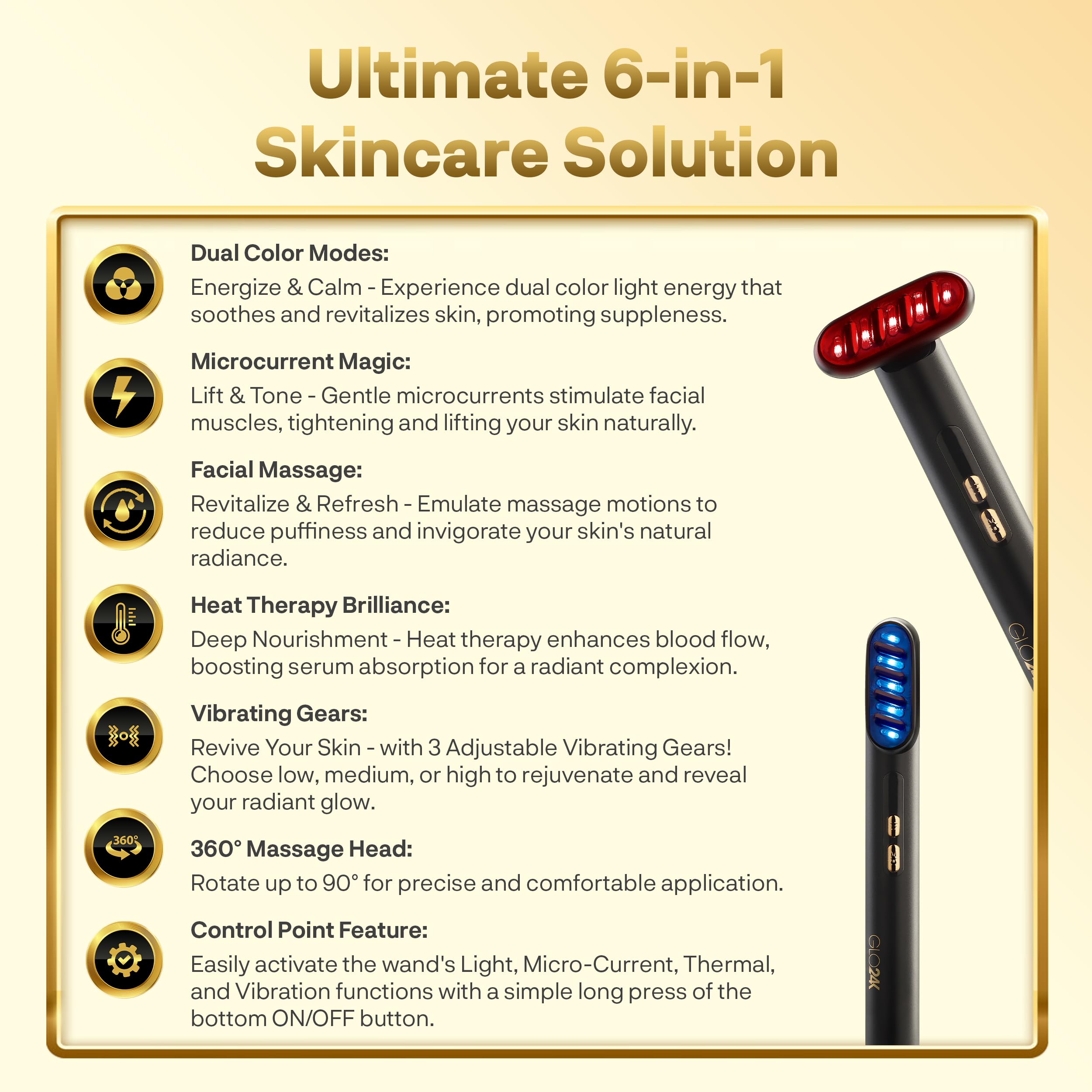 GLO24K 3-gears system offers adjustable intensity for personalized sessions.