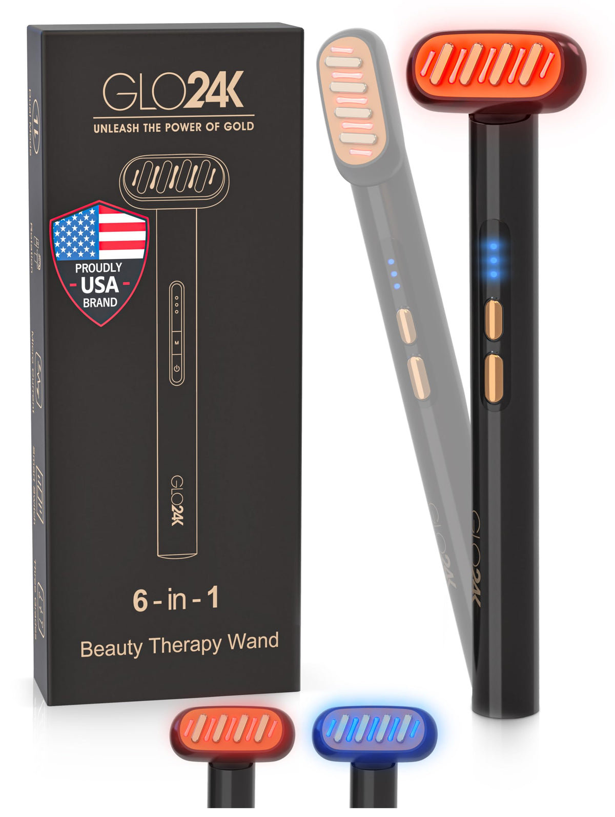 GLO24K 6-in-1 wand for the face offers at-home care and potential anti-aging benefits.