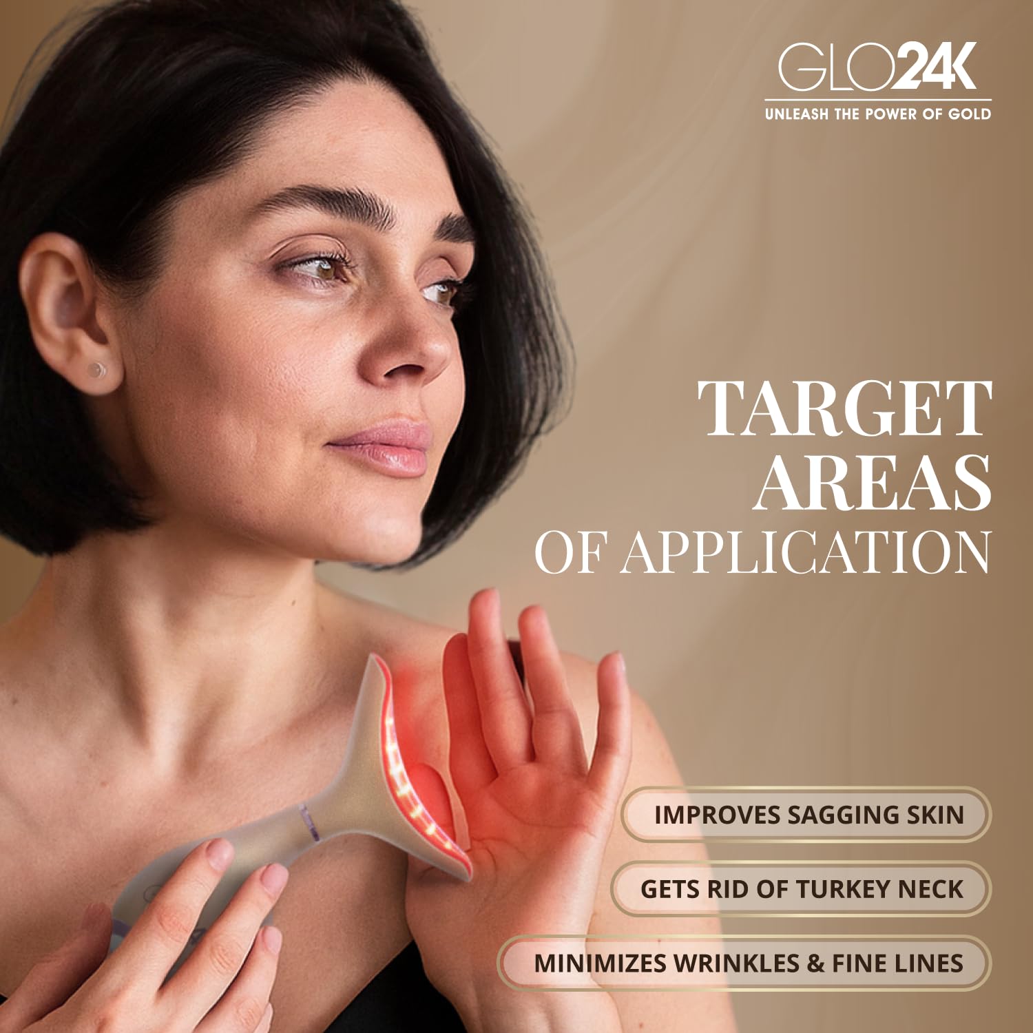GLO24K device showing LED action on cheek for daily glow