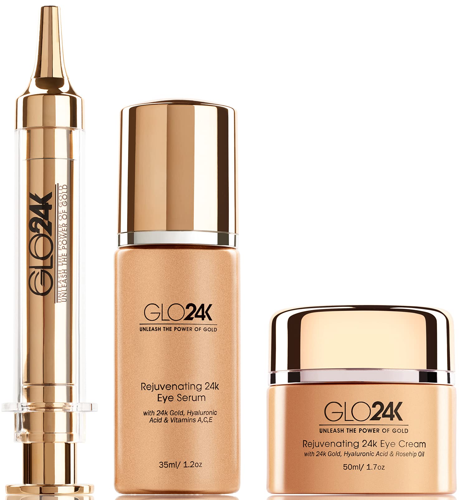 GLO24K complete eye care set jar close-up shows luxurious 24k gold formula for a visual lift