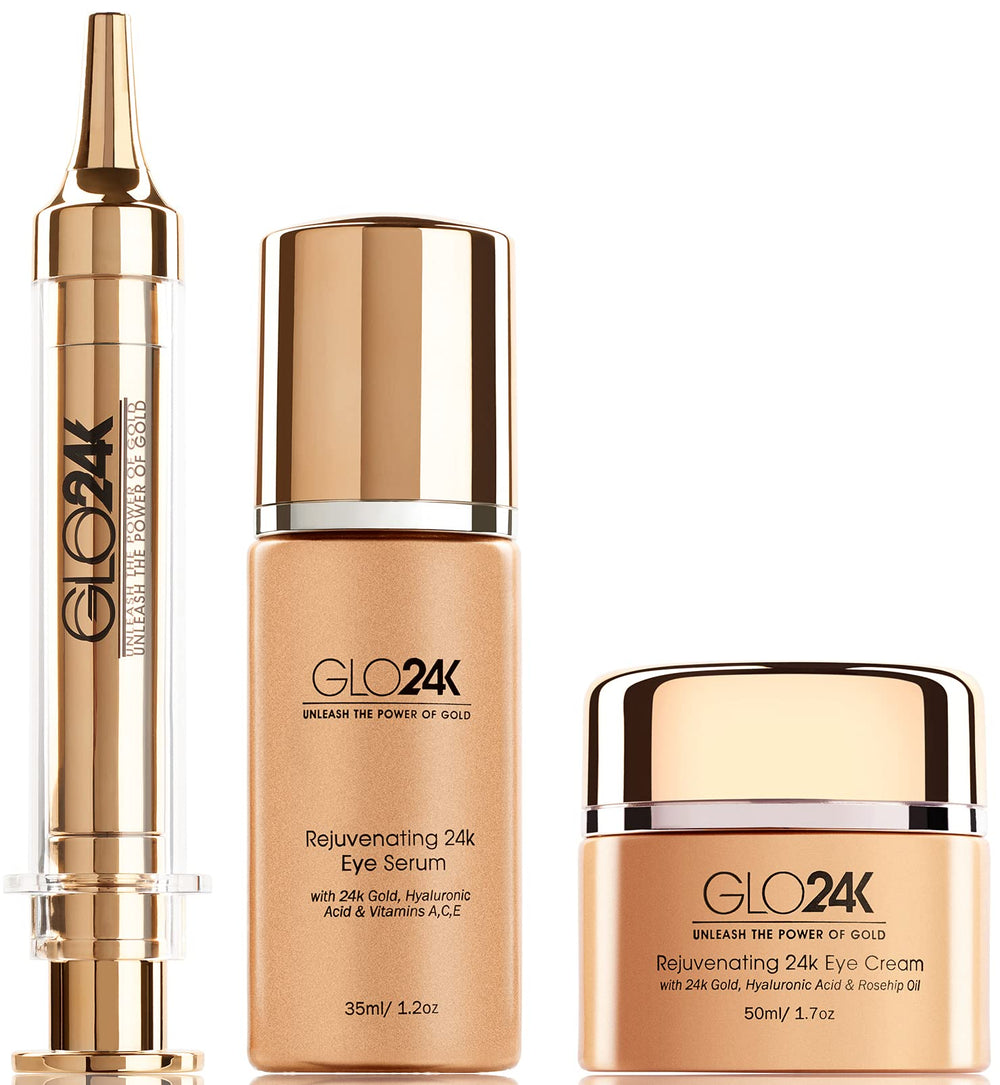 GLO24K complete eye care set jar close-up shows luxurious 24k gold formula for a visual lift