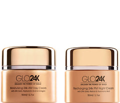 GLO24K day cream jar closeup highlighting rich hydration for morning skin.