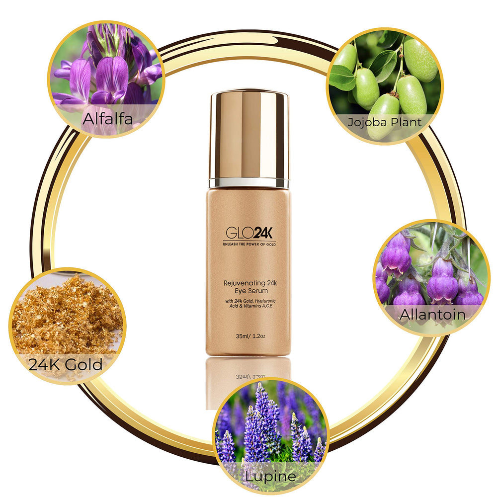 GLO24K-eye-treatment-cream-packaging displays premium eye care for reducing under-eye puffiness
