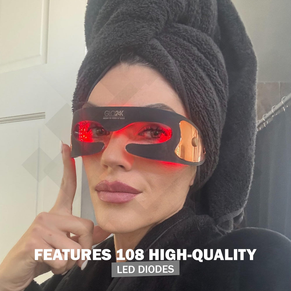 GLO24K Face Beauty Mask model relaxed during a home routine
