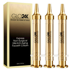 GLO24K Instant Facelift Cream bottle close-up suggesting instant visual smoothing.