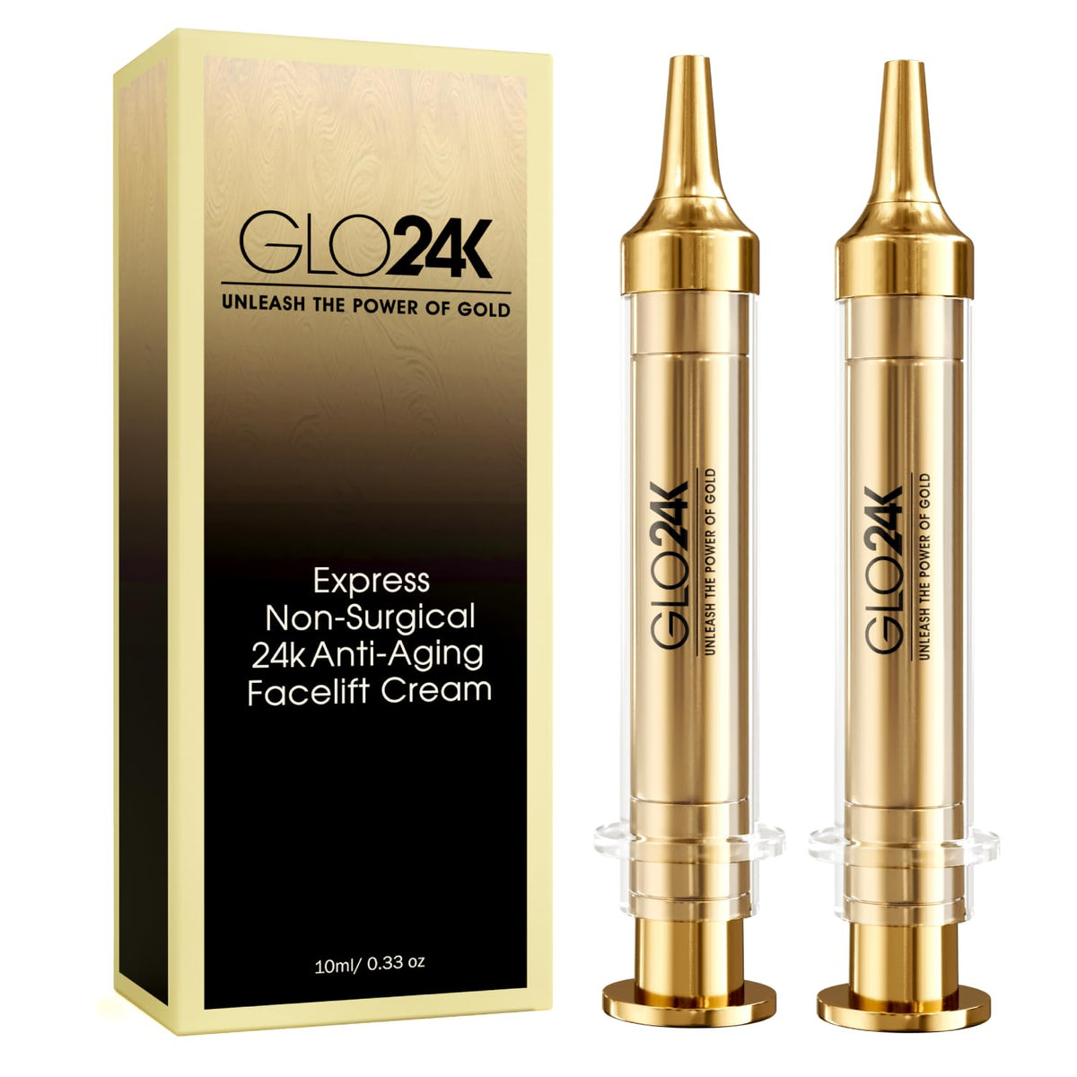 GLO24K Instant Facelift Cream bottle pour showing luxurious gold-infused formula for skin vitality