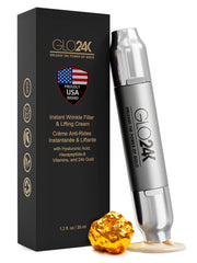GLO24K Instant Wrinkle Filler bottle ready for quick smoothing