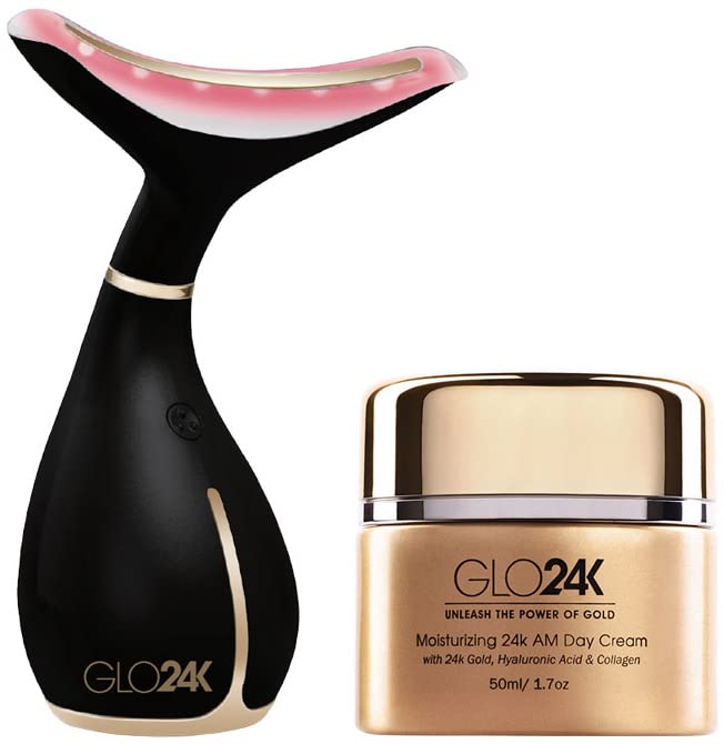 GLO24K neck and face LED massager front view with three modes for a potential glow.