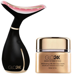 GLO24K neck and face LED massager front view with three modes for a potential glow.