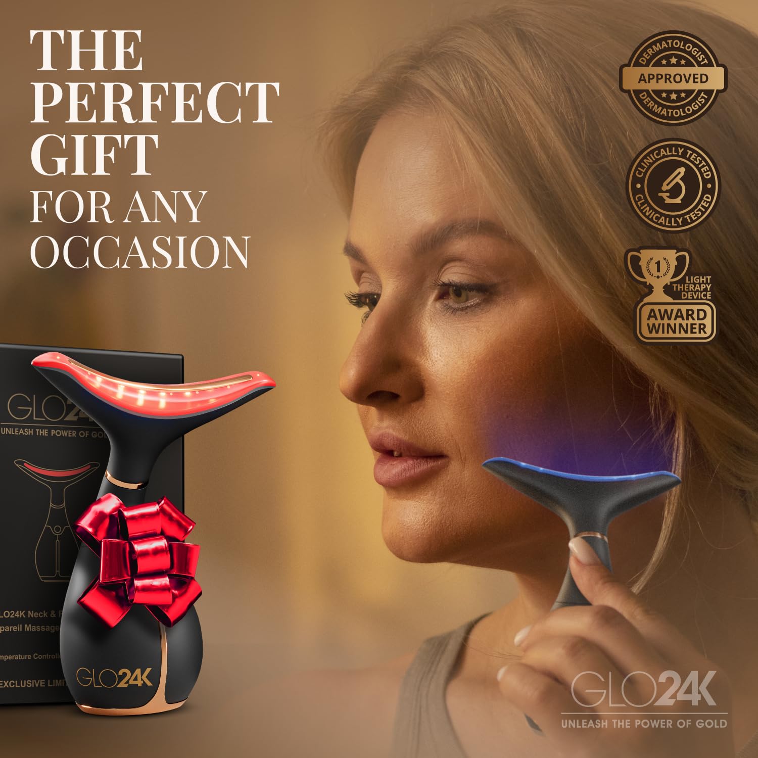 GLO24K neck-and-face treatment application showing user-friendly massage during routine.