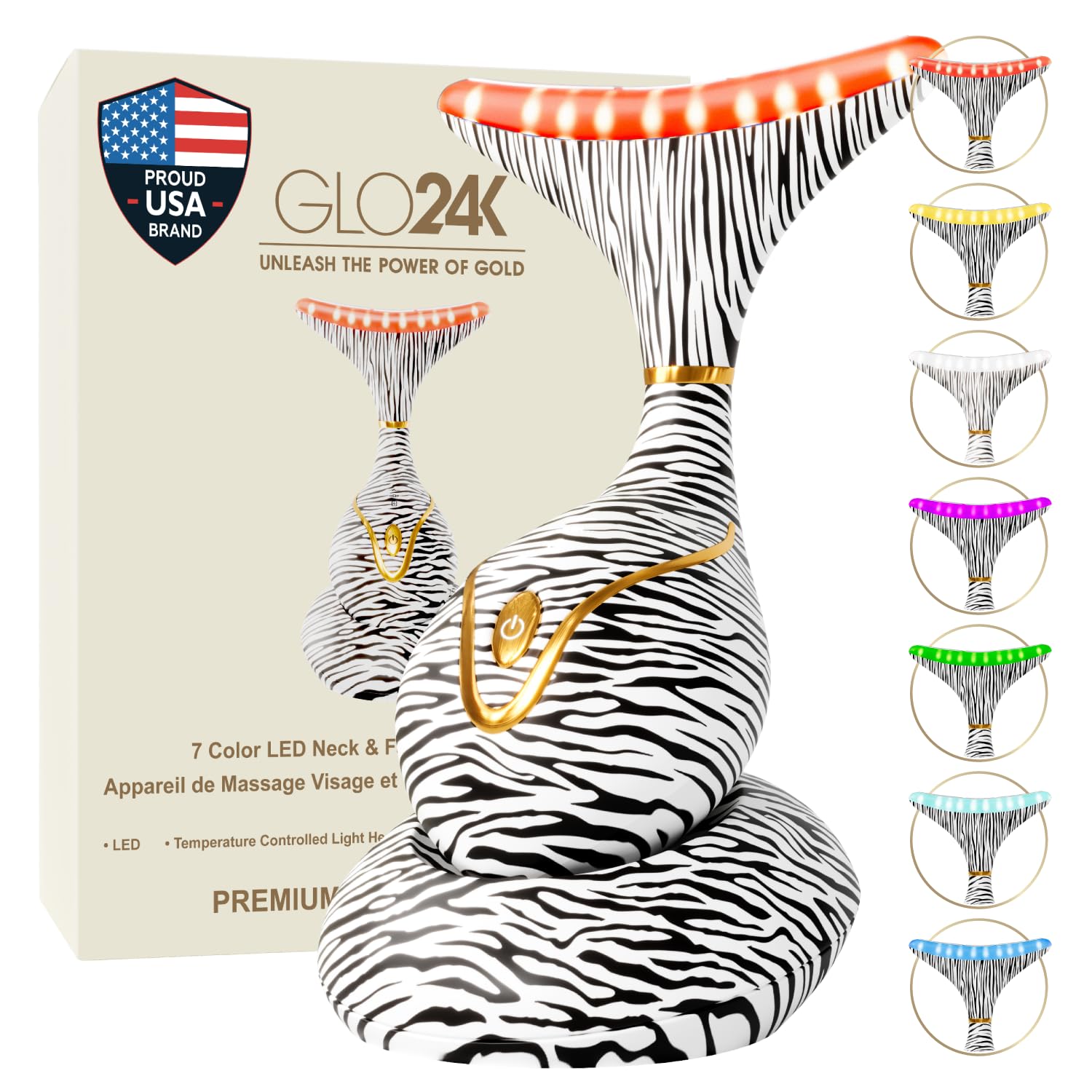 GLO24K red light face and neck massager targeting jawline and neckline for at-home care.