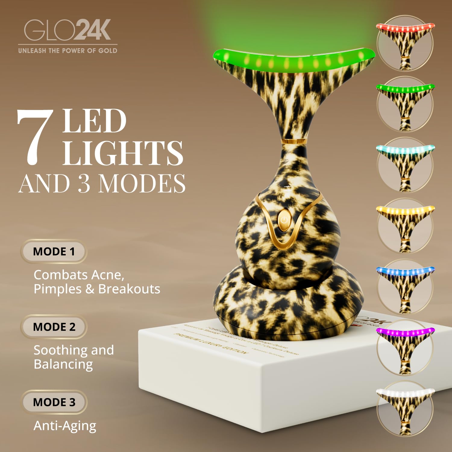 GLO24K triple-mode red light with gentle vibration for facial massage.