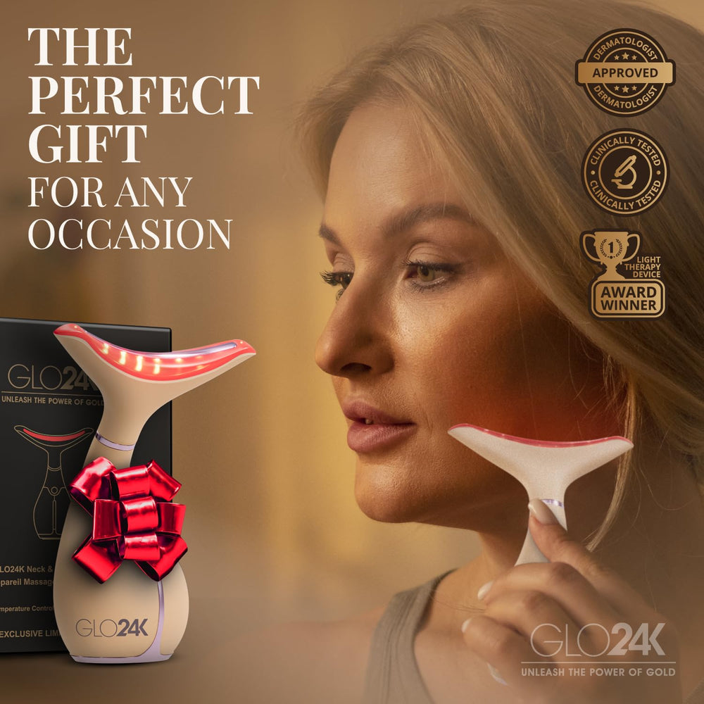 GLO24K red light massager applied to neck area for relaxation