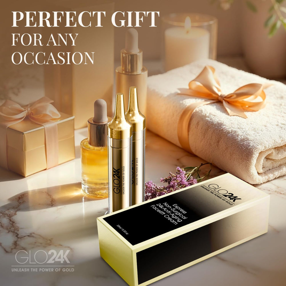 GLO24K routine setup on vanity promoting spa-like at-home skincare.