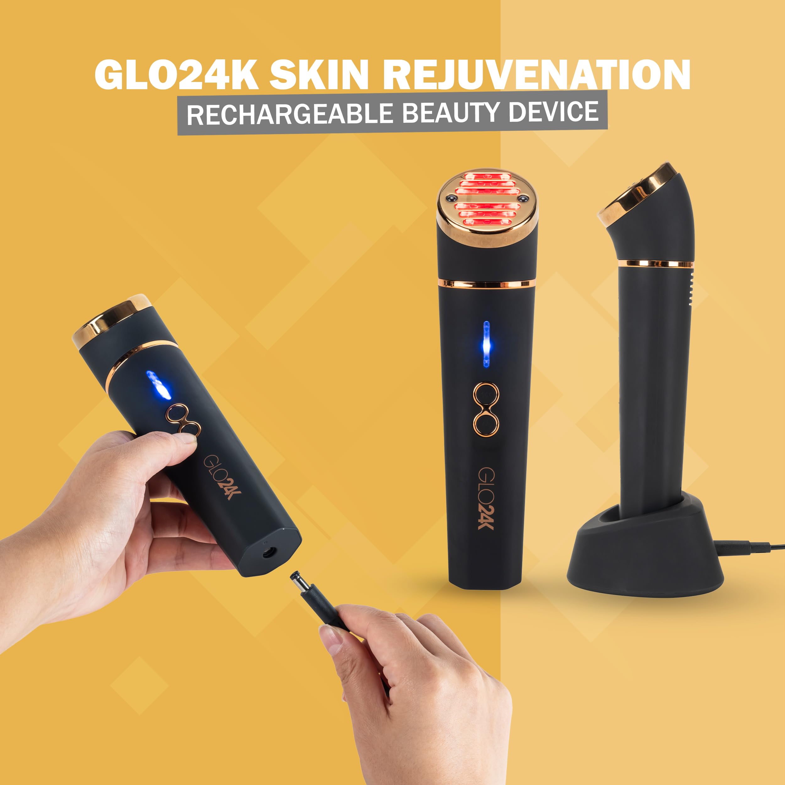 GLO24K rechargeable design for easy on-the-go skincare.