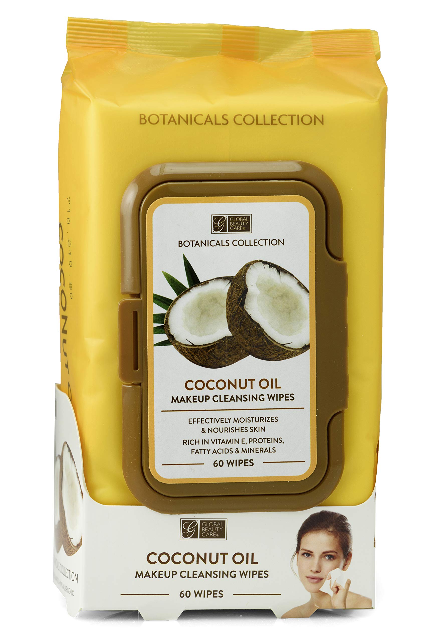 Global Beauty Care Coconut Oil Cleansing Wipes gently remove makeup from face and eyes.