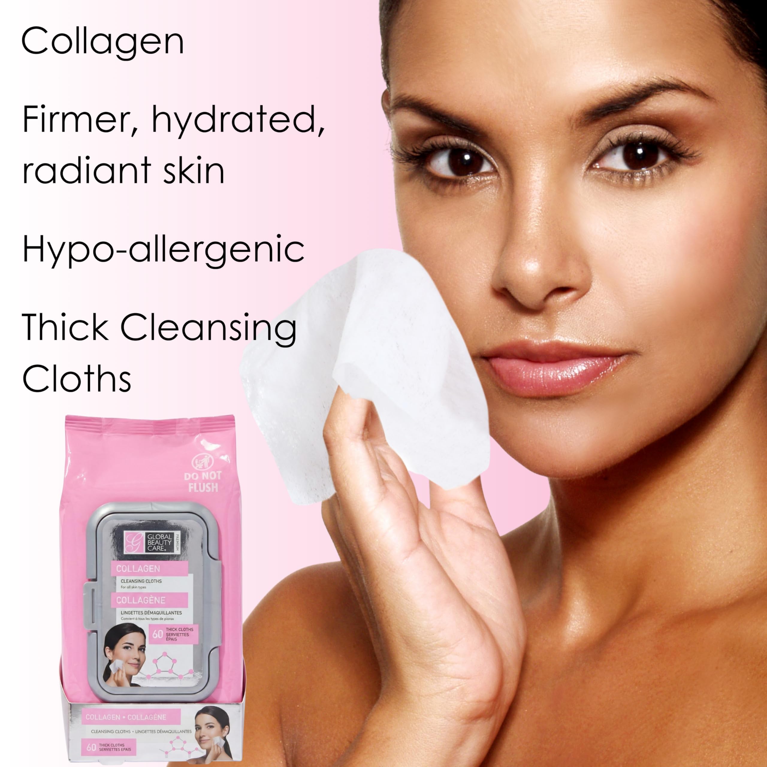 Global Beauty Care collagen makeup remover wipes gently cleanse around the eyes.