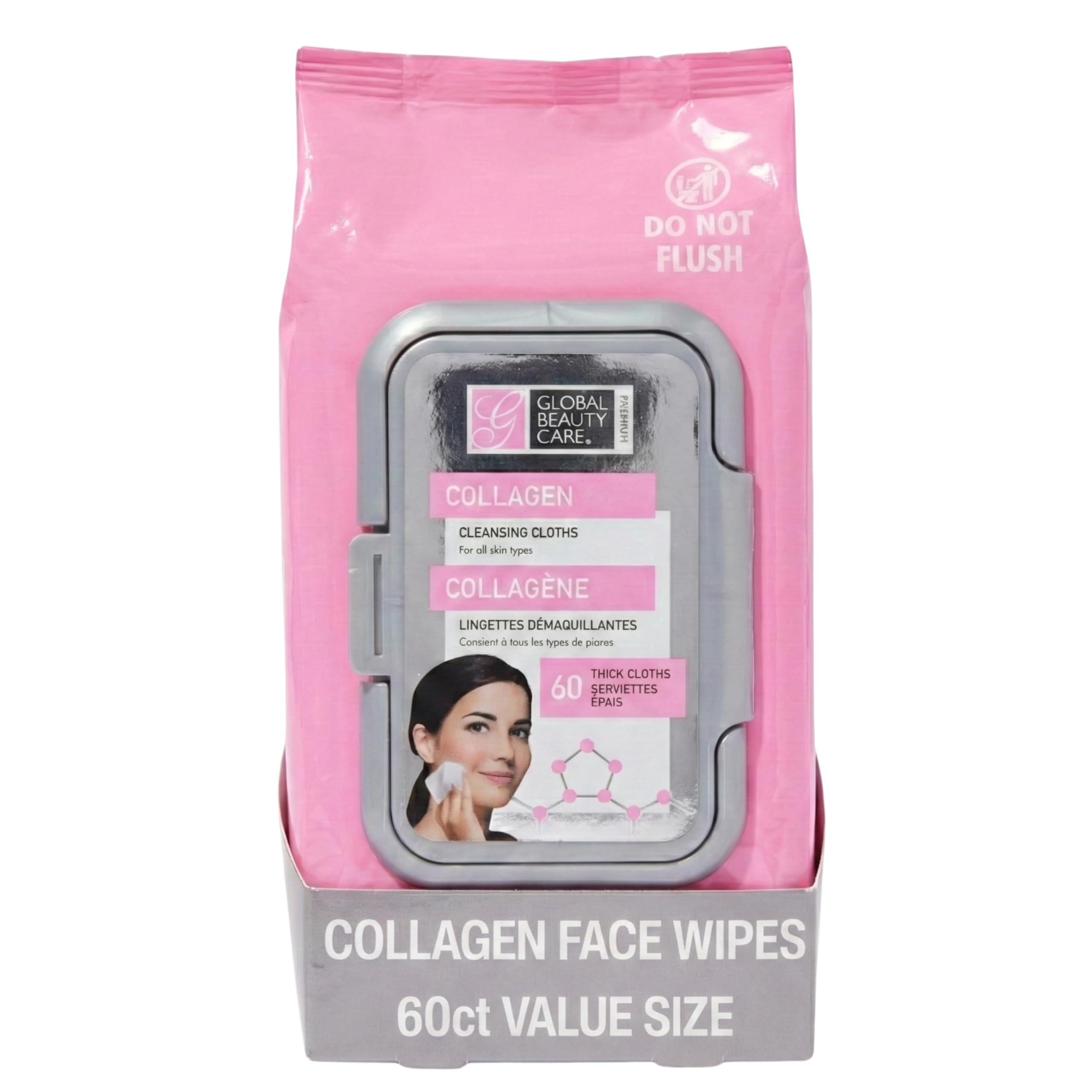 Global Beauty Care collagen makeup remover wipes in package front, ideal for quick, gentle removal.