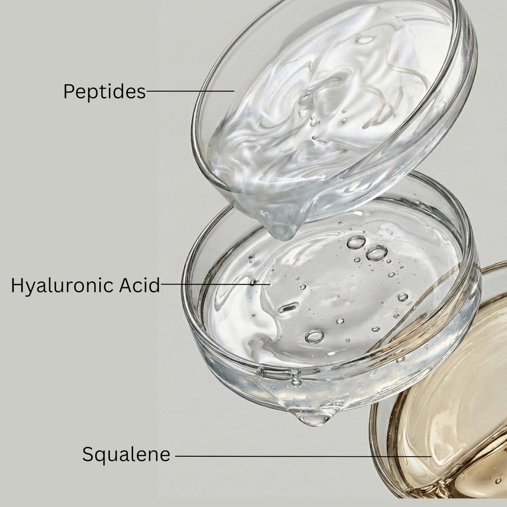 Close-up of product label highlighting peptides, hyaluronic acid and squalane