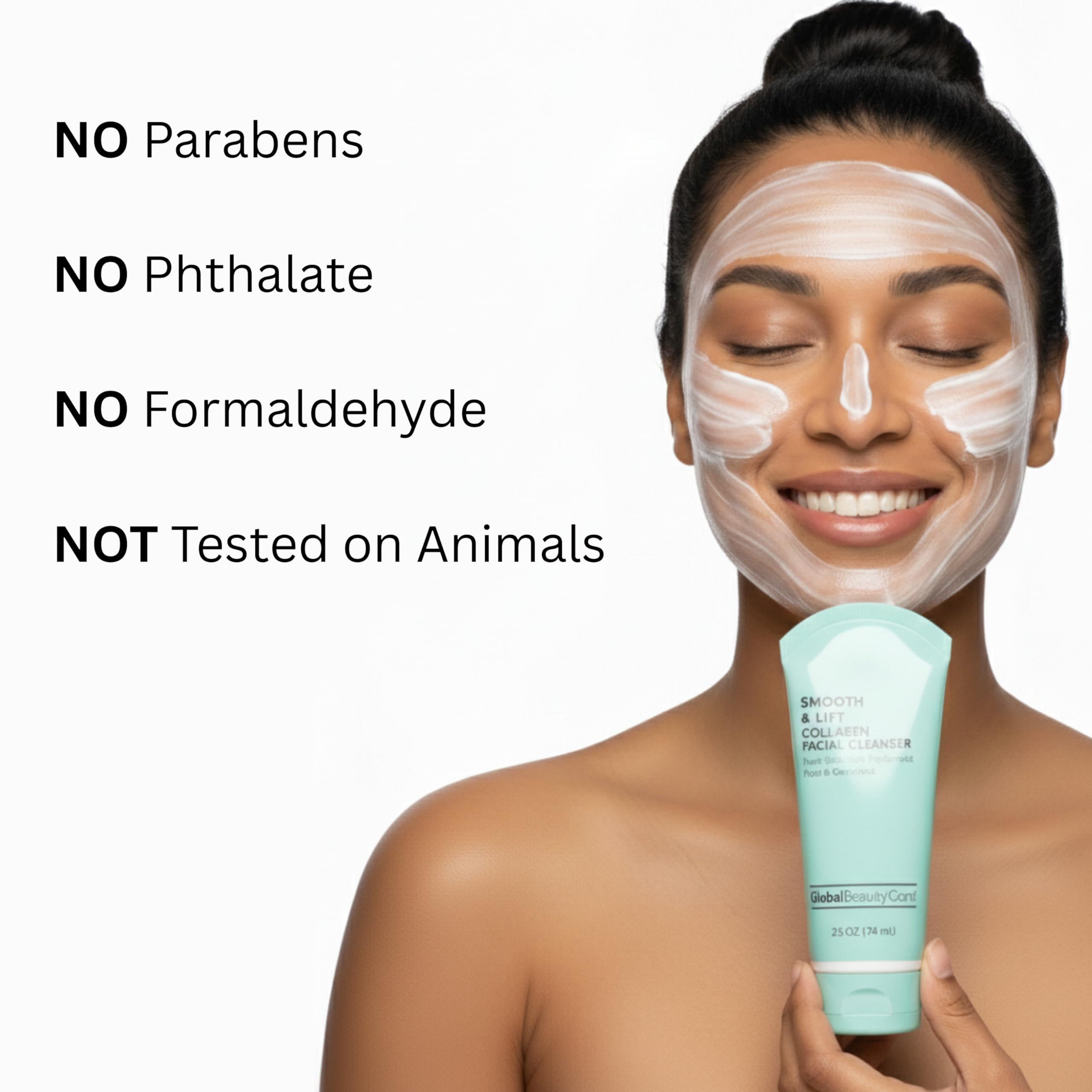 Three-pack display of Global Beauty Care Smooth & Lift cleanser