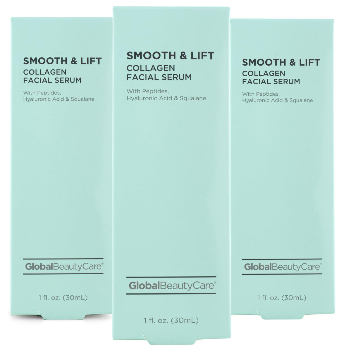 Global Beauty Care Smooth & Lift collagen serum bottle enhances hydration for daily skincare