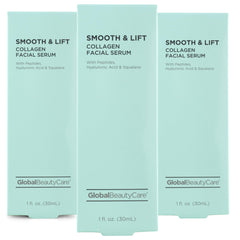 Global Beauty Care Smooth & Lift collagen serum bottle enhances hydration for daily skincare