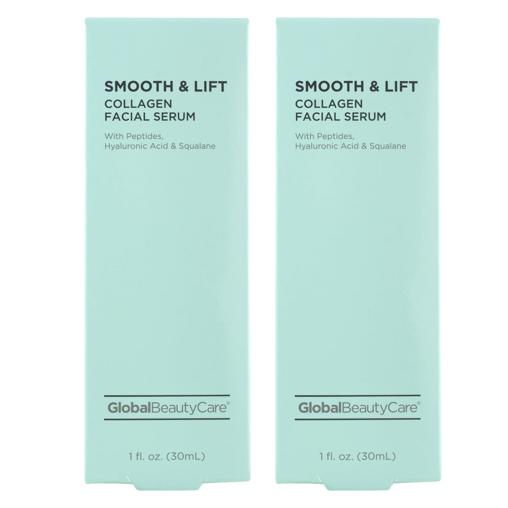 Global Beauty Care Smooth Lift serum bottle highlighting peptide hydration for firmer-looking skin
